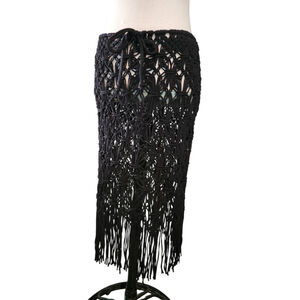 Indi-Chic Black Macrame Crochet Fringe Midi Skirt Boho Festival Beach Coverup OS
